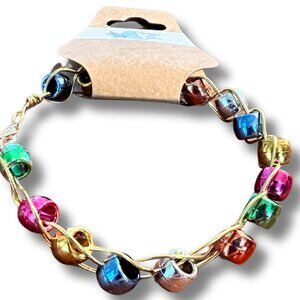 Metallic Christmas Colored Bracelet, Beaded Gold Tone Braided Wire